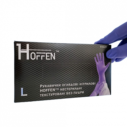Рукавички нітрилові HOFFEN (HOFF MEDICAL) текстурні, непудровані, Фіолетові (100 шт./уп.). Розмір: L Рукавички нітрилові HOFFEN (HOFF MEDICAL) текстурні, непудровані, Фіолетові (100 шт./уп.). Розмір: L