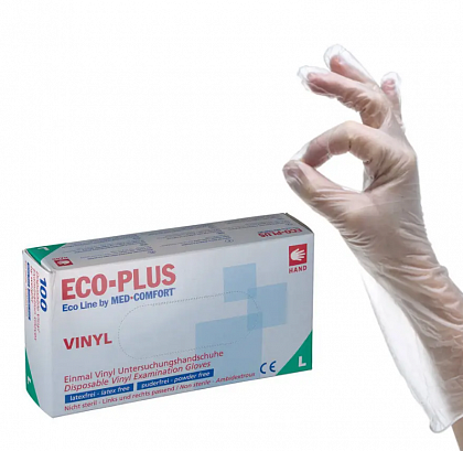 Рукавички вінілові неопудрені, білі ECO-PLUS (100 шт./уп.). Розмір: L Рукавички вінілові неопудрені, білі ECO-PLUS (100 шт./уп.). Розмір: L