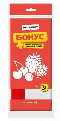 Zip-пакети Бонус для зберігання та заморожування продуктів, 3 л (5 шт./уп.) Zip-пакети Бонус для зберігання та заморожування продуктів, 3 л (5 шт./уп.)