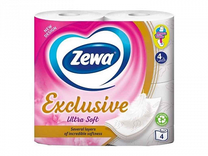 Туалетний папір 4-шаровий білий ZEVA Exclusive ultra soft, 19 м, 150 відривів (4 рул./уп.) Туалетний папір 4-шаровий білий ZEVA Exclusive ultra soft, 19 м, 150 відривів (4 рул./уп.)