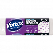 Пакети для сміття із затяжкою Vortex білі HD, 60х64 см, 60 л (15 шт./уп.) Пакети для сміття із затяжкою Vortex білі HD, 60х64 см, 60 л (15 шт./уп.)