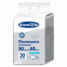 Пелюшки гігієнічні Soft Super 90х60 см з 4-ма адгезивними кутами ТМ «Білосніжка» (30 шт./уп.) Пелюшки гігієнічні Soft Super 90х60 см з 4-ма адгезивними кутами ТМ «Білосніжка» (30 шт./уп.)