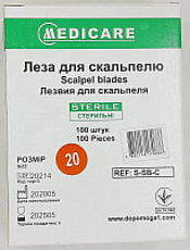 Лезвие для скальпеля MEDICARE (из углеродистой стали), р.20 (100 шт./уп.) Лезвие для скальпеля MEDICARE (из углеродистой стали), р.20 (100 шт./уп.)