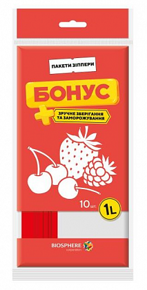 Zip-пакети Бонус для зберігання та заморожування продуктів, 1 л (10 шт./уп.) Zip-пакети Бонус для зберігання та заморожування продуктів, 1 л (10 шт./уп.)