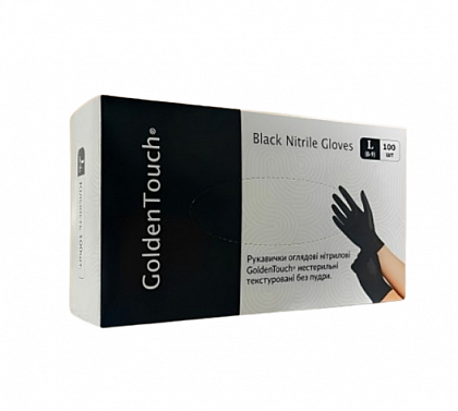 Рукавички нітрилові GoldenTouch текстуровані, неопудрені, чорні (100 шт./уп.) р. L Рукавички нітрилові GoldenTouch текстуровані, неопудрені, чорні (100 шт./уп.) р. L