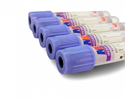 Вакуумная пробирка для забора крови 2 мл, К2 ЭДТА, 13х75 мм, стерильная, с фиолетовой крышкой, MEDRYNOK (100 шт./уп.) Вакуумная пробирка для забора крови 2 мл, К2 ЭДТА, 13х75 мм, стерильная, с фиолетовой крышкой, MEDRYNOK (100 шт./уп.)