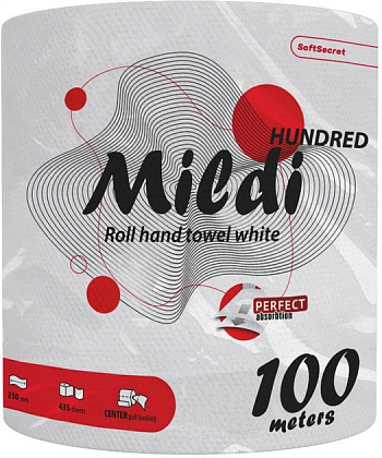 Рушники рулонні Mildi Hundred целюлозні, двошарові, білі, 100 м Рушники рулонні Mildi Hundred целюлозні, двошарові, білі, 100 м