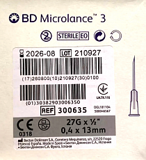 Голки ін'єкційні BD Microlance 27G х 1/2'' (0.4x13 мм) (100 шт./уп.)